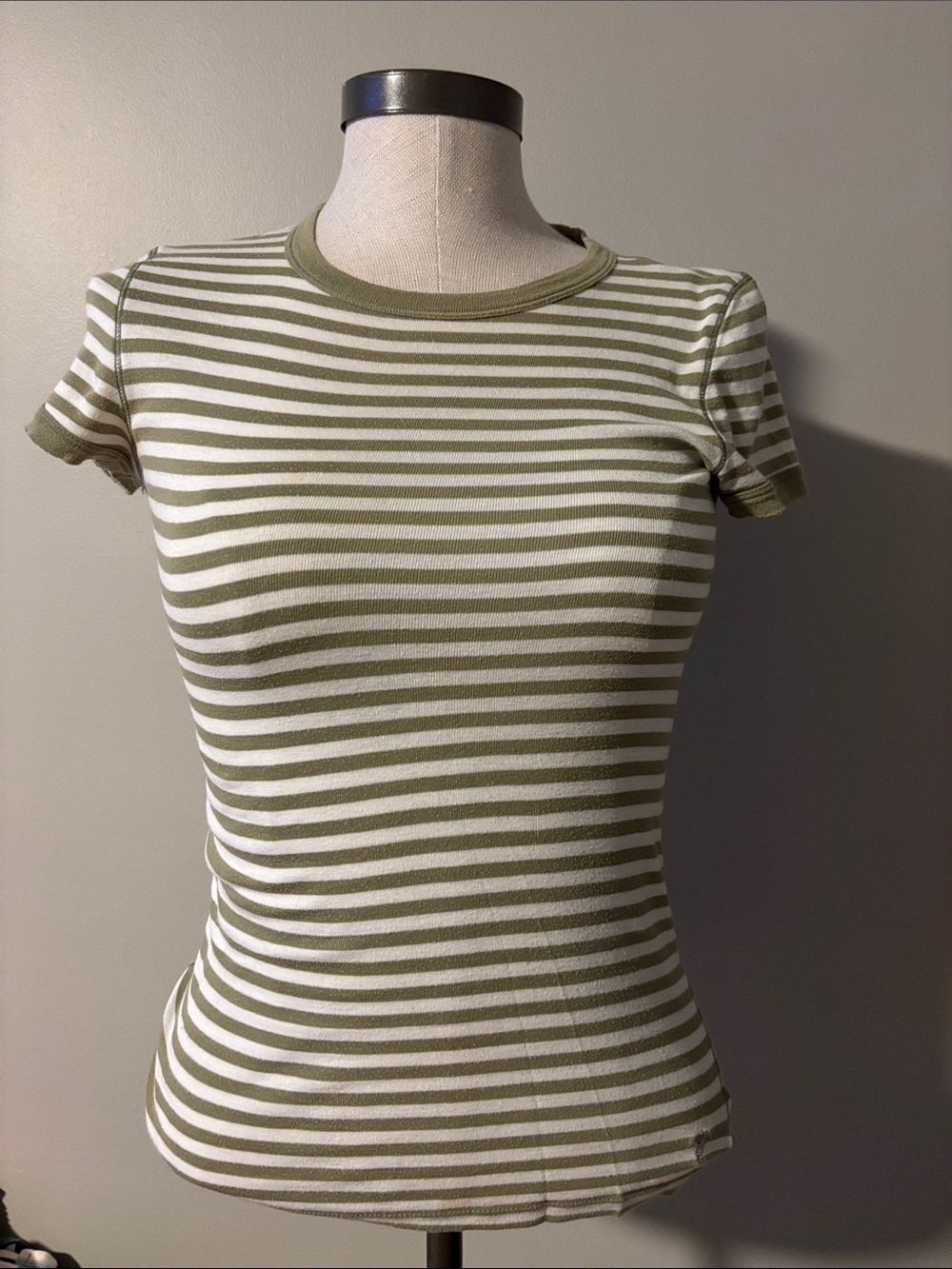 American Eagle Outfitters Olive and White Striped Short Sleeve Tee
